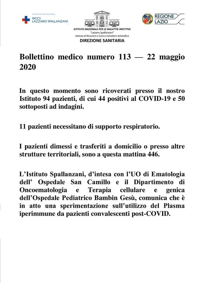 Coronavirus Spallanzani In Atto Sperimentazione Con Il Plasma Iperimmune