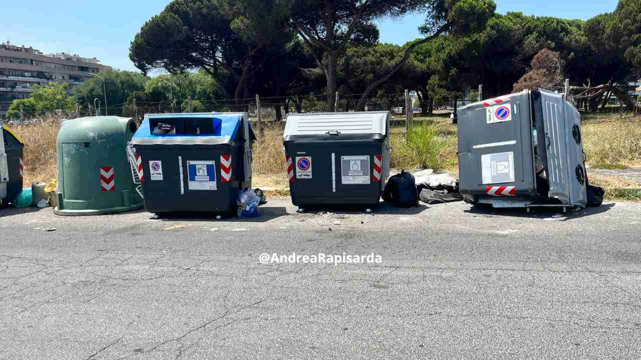 Cassonetto rovesciato a Ostia