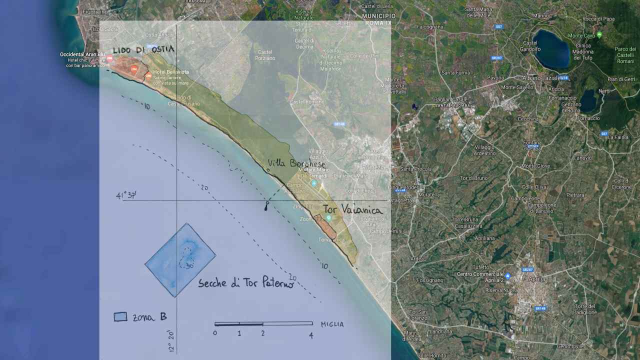 Le Secche di Tor Paterno, area marina simile a un'isola, ma totalmente immersa nel mare. Si trova tra Ostia e Tor Vajanica.