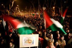 Un momento del corteo organizzato dal forum Palestina a Roma ne 2009. All'interno del corteo sfilano cittadini italiani e stranieri con bandiere rosse e palestinesi, molti di loro indossano anche la kefiah. Stelle di David con sopra stampate svastiche, tante kefiah e anche una bambola insaguinata per ricordare i bimbi di Gaza morti sotto i bombardamenti - Credit: Ansa