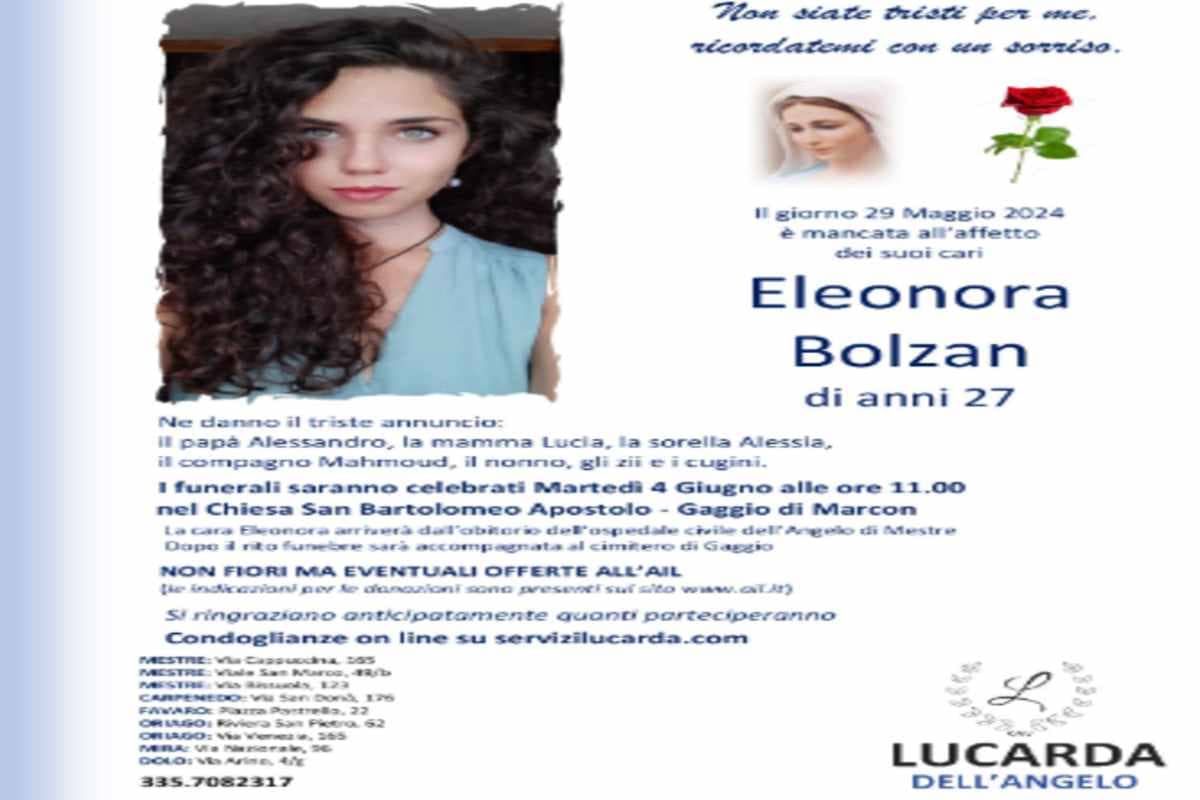 Annuncio funebre di Eleonora Bolzan