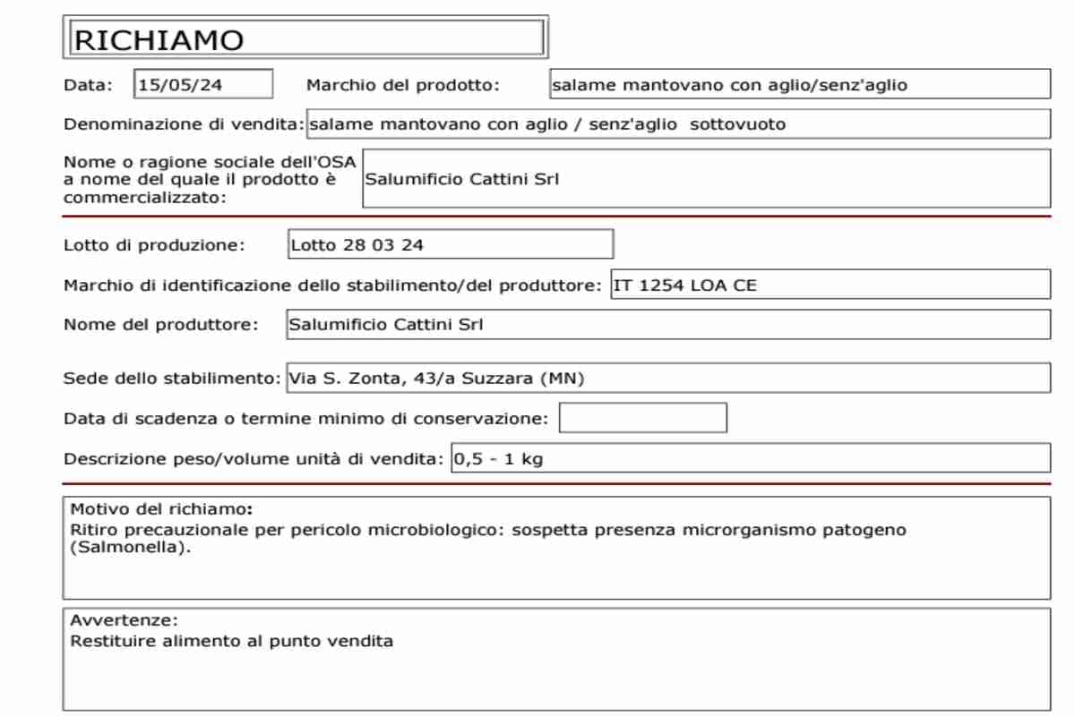 Richiamo del salame mantovano